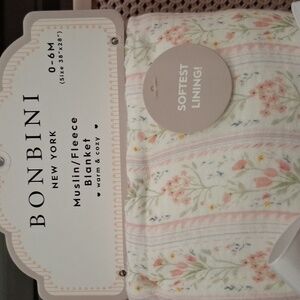 BONBINI Muslin Fleece Baby Blanket 38x28 Tiny Pink Flowers Soft NWT